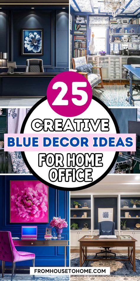 25 creative blue decor ideas for home office Navy Pink Office Ideas, Blue Craft Room, Blue Home Office Ideas, Womens Office Ideas, Pink Office Ideas, Diy Wall Unit, Women Office Ideas, Blue Decor Ideas, Dark Blue Office