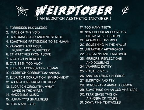 Eldritch Aesthetic Inktober Comics Sketch, Art Drawing Ideas, Poses Art, 30 Day Art Challenge, Art Journal Challenge, 30 Day Drawing Challenge, Art Style Challenge, Art Journal Prompts, Drawing Ideas List