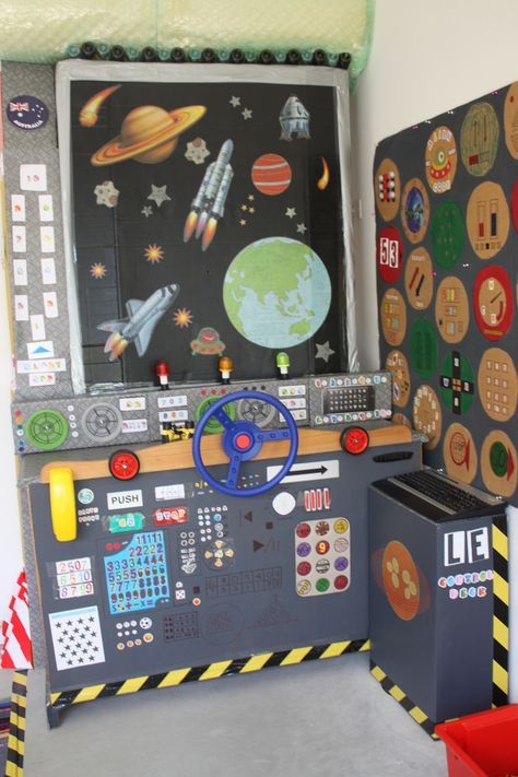 Cardboard Space Station, Spaceship Dramatic Play, Preschool Outer Space, Spaceship Control Panel, Ship Station, Planet Crafts, Space Preschool, Space Classroom, Panel Ideas