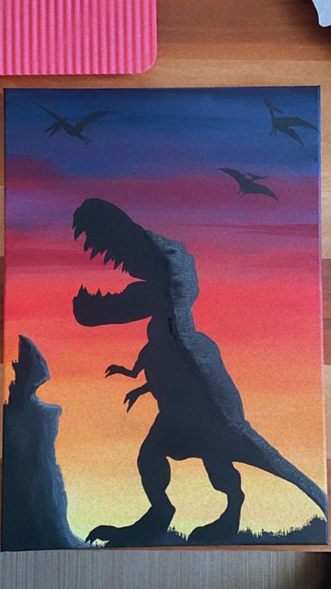 Trex Dinosaur Painting, Dinosaur Painting Easy, Easy Dinosaur Painting, Dinosaur Painting Acrylic, Dino Painting, Color Theory Painting, Dinosaur Artwork, Watercolor Negative Painting, Dinosaur Painting