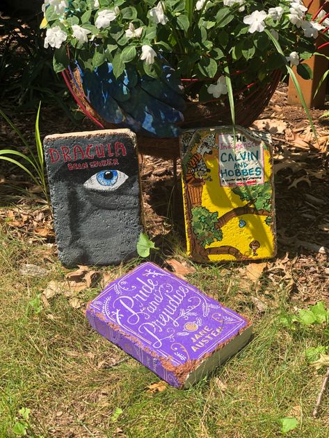 Garden Stone Books Art Bricks painted to look like your | Etsy Garden Brick Books, Book Bricks Garden, Bricks Painted Like Books, Brick Books Garden, Brick Book, Painting Bricks, Unique Bird Baths, Brick Books, Painted Bricks Crafts