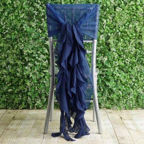 1 Set Navy Blue Premium Designer Curly Willow Chiffon Chair Sashes | eFavorMart Wedding Chair Sashes, Blue Wedding Decorations, Curly Willow, Banquet Decorations, Color Celeste, Royal Blue Wedding, Chair Sashes, Linen Chair, Navy Blue Wedding