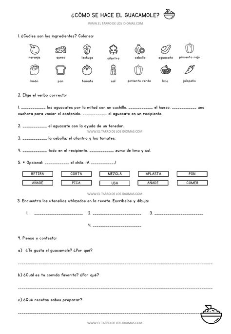 Recetas. Imperativo clase de ELE. Fichas y juegos | El tarro de los idiomas - Recursos educativos, descargas. Inglés, español. Profe de ELE Simran Khan, Advanced Spanish, Spanish Classroom Activities, Spanish Games, Spanish Worksheets, Spanish Teaching Resources, English Activities, Spanish Classroom, Spanish Teacher