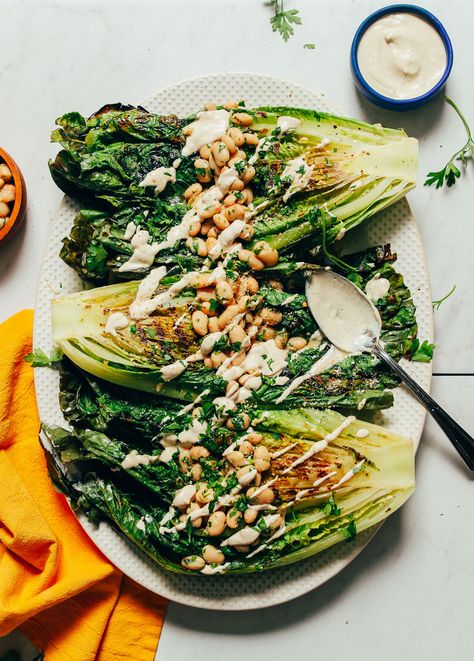 Romaine Recipes, Grilled Romaine Salad, Grilled Romaine, Romaine Salad, Crispy Chickpeas, Caesar Dressing, Everyday Health, Butter Beans, Vegan Salad