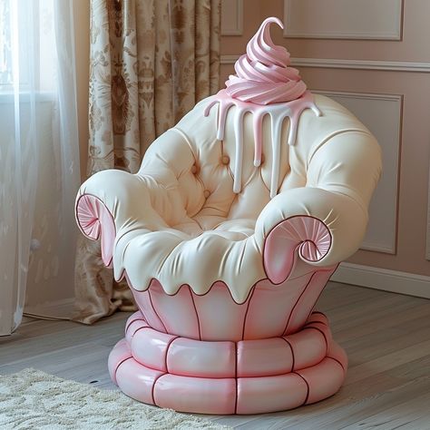 Introducing the Sundae Delight Chair, a whimsical blend of comfort and confectionery inspiration! Picture yourself sinking into a plush seat that evokes the essence of your favorite ice cream sundae. Smooth, swirling cushions reminiscent of creamy vanilla ice cream, adorned with a drizzle of rich chocolate or caramel. The armrests might feature textures that mimic the crunch of a waffle cone or the smoothness of a syrupy topping. The base is designed with a nod to the playful elegance of sund... Ice Cream Furniture, Waffle Decoration Ideas, Ice Cream Room, Fruit Furniture, Candy Furniture, Ice Cream Chairs, Creamy Vanilla Ice Cream, Cream Furniture, Waffle Design