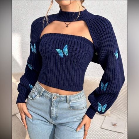 Crop Shrug, Butterflies, Outfit Ideas, Collar, Wall, Blue