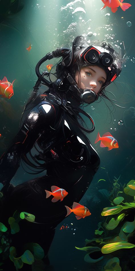 Diver Aesthetic, Scuba Diver Art, Deep Sea Diver Art, Underwater Diver, Female Samurai Art, Female Diver, Aqua Man, Net Bed, Diver Art