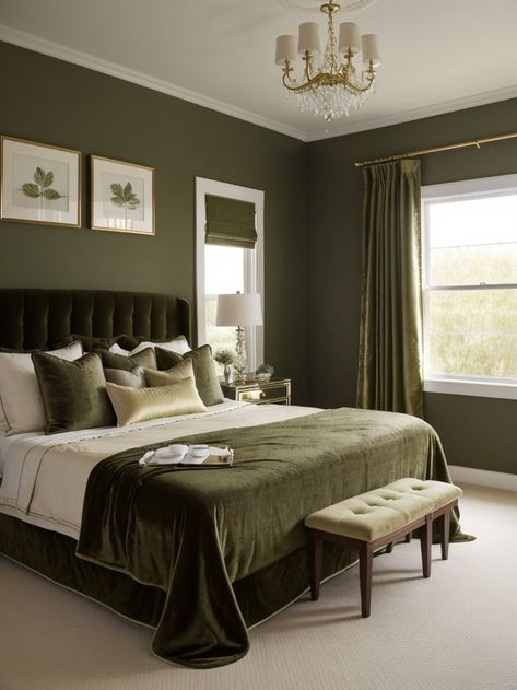 Create a stunning focal point in your bedroom by painting one wall a rich olive green. Then, add a touch of elegance with a plush velvet bedspread and golden accents for a sophisticated and cozy atmosphere. Olive White Bedroom, Moody Olive Bedroom, Sophisticated Bedrooms Master, Green Cream Black Bedroom, Green Velvet Bedspread, Olive Green Aesthetic Bedroom, Olive Bedroom Decor, Olive Green Guest Bedroom, Monochrome Green Bedroom