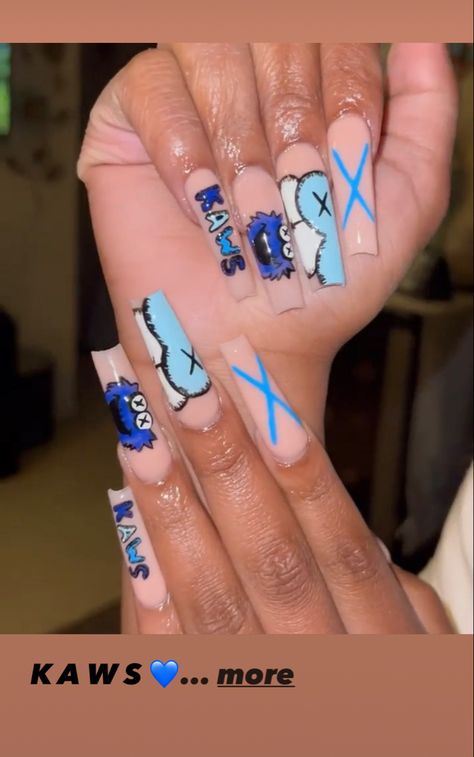 Blue Kaws Acrylic Nails, Light Blue Kaws Nails, Short Nail Designs Kaws, Blue Acrylic Birthday Nails, Animated Nail Design, Kaw Short Nails, Blue Kaws Nails Design, Kaws Nails Blue, Nails Acrylic Kaws