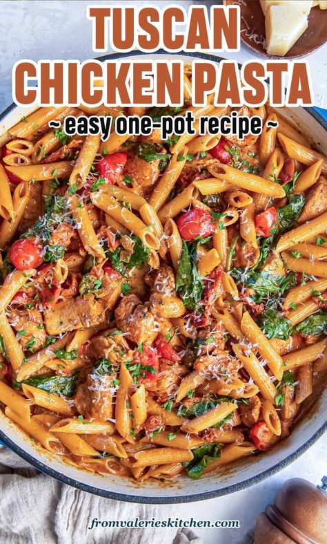 Flavorful ingredients combine to create this one pot Tuscan Chicken Pasta. Penne pasta in a luscious tomato cream sauce with chunks of chicken, sun-dried tomatoes, fresh cherry tomatoes and spinach. Tuscan Chicken Salad, Cherry Tomato Chicken Pasta Recipes, Pasta Tuscan Chicken, Chicken And Tomato Pasta Recipes, Cherry Tomato Chicken Recipes, Italian Casseroles, Chicken Spinach Mushroom, Easy One Pot Pasta, Fresh Basil Recipes