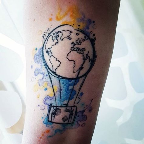 Woman Tattoo Leg, Arm Woman Tattoo, Back Woman Tattoo, Woman Tattoo Arm, Hot Air Balloon Tattoo, Air Balloon Tattoo, World Map Tattoos, Unique Tattoos For Women, Air Tattoo