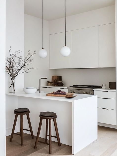 🎨 Transform Your Small Kitchen with White Magic! ✨🔑 - Minimal White Kitchen, Matt White Kitchen, Make A Room Feel Bigger, Small White Kitchens, White Beadboard, White Farmhouse Sink, Fresh Aesthetic, Beadboard Backsplash, White Subway Tile Backsplash