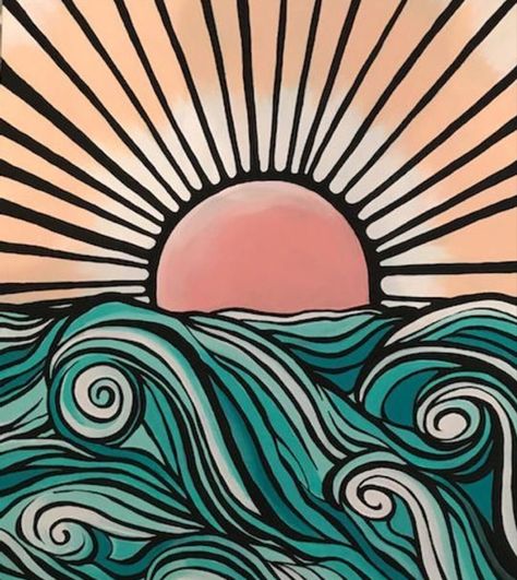 Ocean Painting, The Ocean, The Sun, Sun, Bar, Green, Pink, Blue, Art