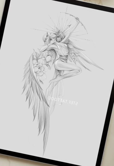 Huntress Tattoo, Beautiful Angel Tattoos, Phoenix Tattoo Feminine, Love Symbol Tattoos, Cool Animal Tattoos, Guardian Angel Tattoo, Dragon Tattoo Ideas, Sagittarius Tattoo, Tattoos Temporary