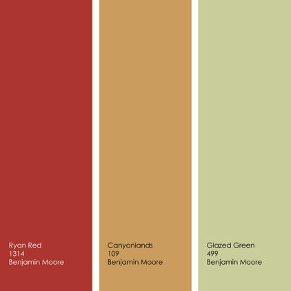 Example palette: From left to right, all from Benjamin Moore: Ryan Red, Canyonlands and Glazed Green. Green Walls Orange Accents, Orange Kitchen Walls White Cabinets, Green Walls Orange Curtains, Orange Red Paint Colors, Dining Room Color Palette, Room Color Combination, Living Room Dining Room Combo, Orange/red/cream Rugs, Orange Kitchen