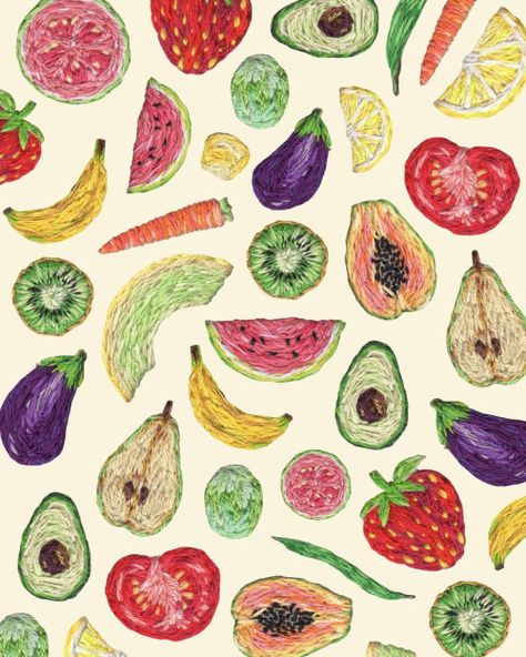 Embroidery Floss Projects, Stitch Illustration, Pattern Fruit, Print Embroidery, Diy Embroidery Patterns, Pola Sulam, Print Illustration, Illustration Wall Art, Shirt Embroidery