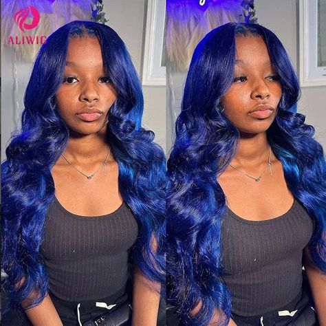 Dark Blue Lace Front Human Hair Wig Royal Blue Wig, Dark Blue Wig, Midnight Blue Hair, Blue Lace Front Wig, Wave Texture, Birthday Hairstyles, Thick Base, Blue Wig, Birthday Hair