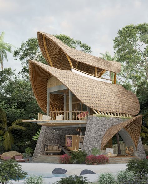 This rock and bamboo beach cabin gives us some serious glamping goals – Yanko Design Bamboo Villa, Plaster House, Thai Architecture, Bamboo Roof, Architecture Styles, Bamboo Building, Open Living Space, Bamboo House Design, Tree House Plans