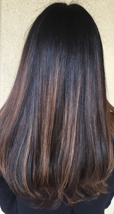 Partial Balayage On Black Hair, Brown Partial Balayage, Hazelnut Highlights, Hazelnut Balayage, Balayage Tones, Highlights On Dark Brown Hair, Hazelnut Hair Color, Balayage On Black Hair, Hazelnut Hair