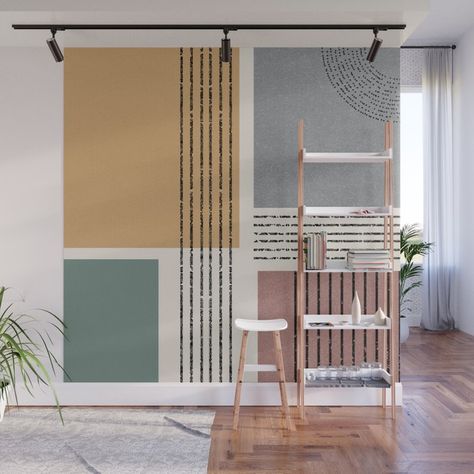 Modern Geo Design Wall Mural by artaddiction45 | Society6 #neutral #abstract #art #modern #contemporary #wall-art #murals #home-decor #design #grey #mustard #honey #grey #mauve #geometric #minimalist #society6 Uneven Walls Decor Solutions, Geometric Wall Paint Patterns, Decorations Drawing, 2023 Home Interior, Modern Living Room Design Ideas, Room Makeover Ideas, Geo Design, Modern Living Room Design, Modern Mural