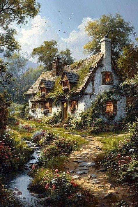 Baby Dragon Art, Fantasy Cottage, English Cottages, Minecraft Inspiration, Quaint Cottage, Cottage Garden Design, Classic Portraits, Flowery Wallpaper, Cottage Art