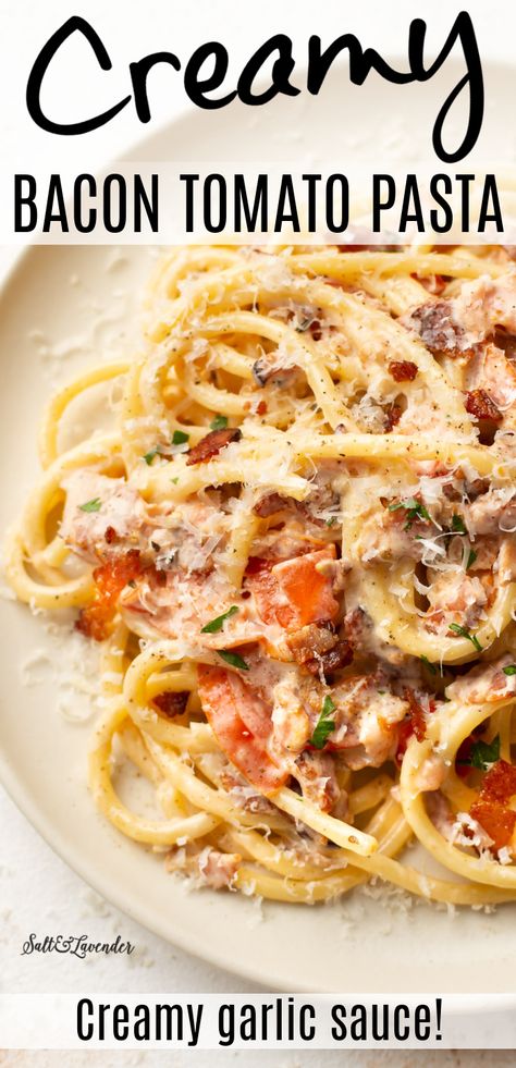 Bacon Tomato Linguine, Meals Using Bacon, Spinach Bacon Pasta Recipes, Easy Pasta Recipes With Bacon, Bacon Tomatoes Pasta, Quick And Easy Dinner Recipes With Bacon, Bacon Leftover Recipes, Sausage Bacon Pasta, Bacon Cherry Tomato Pasta