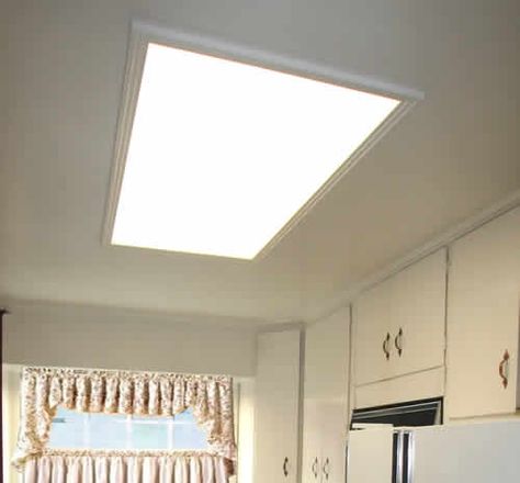 replace+kitchen+flourescent+light+box | Update Old Recessed Light Fixtures with Recessed Can Lights - Learn ... Replacing Florescent Lights Kitchen Diy, Florescent Light Replacement Ideas, Replace Florescent Kitchen Light Ideas, Faux Skylight, Fluorescent Light Covers Diy, Replace Recessed Lighting, Flourescent Light, Update Kitchen, Box Ceiling