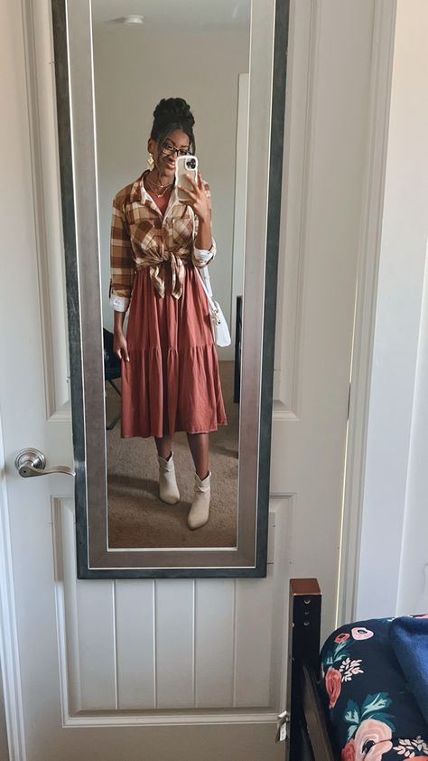 Dress Modest Outfit, Fall Church Outfit, Shirt Over Dress, Church Outfit Fall, Short Cowgirl Boots, Modest Mom, Outfit Short, Modest Outfit, Church Outfit