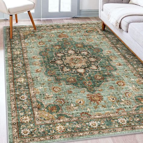 PRICES MAY VARY. Lived-in Look and Feel: This exquisitely designed large area rug features a vintage-inspired motif with a medallion in the center. Its unique, goes-with-anything decor styles from country to contemporary. The inviting colors along with its regal texture create the perfect depth and dimension in your space, allowing you and your loved ones to sit back and relax. When Rug Arrives: New and innovative one-piece machine washable area rugs with rubber backing. This conveniently elimin Dark Green Couch With Rug, Dark Green Living Room Accents, French Country Area Rug Family Rooms, Green Boho Rug Living Room, Boho Rug Green, Earthy Area Rug, English Cottage Rugs, Rugs With Green Couch, Green Pattern Rug