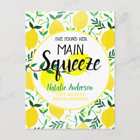 She Found Her Main Squeeze Lemons Bridal Shower Postcard | #bridalpartygifts #wedding #budget #thankyou #shefoundhermainsqueeze #lemons #yellow #modern #trendy #typography Chalkboard Welcome Sign, Burlap Lights, Chalkboard Welcome, She Found Her Main Squeeze, Found Her Main Squeeze, Bridal Shower Guest Book, Main Squeeze, Rustic Bridal, Bridal Shower Rustic