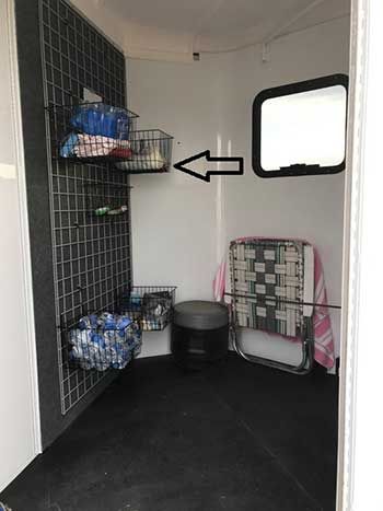 horse trailer storage Horse Blankets Storage, Horse Lorry, Horse Trailer Organization, Tack Room Organization, Horse Tack Rooms, Horse Trailer Living Quarters, Trailer Organization, Stock Trailer, Stable Ideas