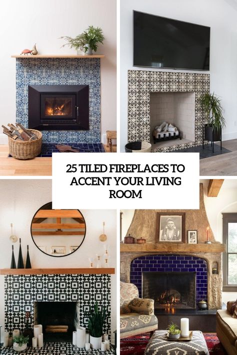 25 Tiled Fireplaces To Accent Your Living Room Patterned Tiles Fireplace, Fireplace Surrounds And Mantels Tile, Vinyl Tile Fireplace Surround, Bohemian Fireplace Ideas, Tile On Brick Fireplace, Wood And Tile Fireplace Surround, Tiled Faux Fireplace, Electric Fireplace Tile Ideas, Mosaic Tile Fireplace Ideas