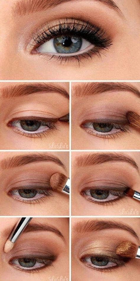 Eye Makeup Without Foundation, Gold Eyeshadow Hooded Eyes, Cocktail Party Makeup Classy, Smokey Eyeshadow Tutorial, Eyeliner Tutorials, Basic Eye Makeup, Smokey Eyes Tutorial, Simple Eyeshadow Tutorial, Glamorous Wedding Makeup