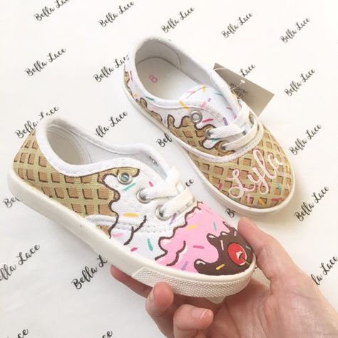 Handpainted Shoes, Ice Cream Shoes, Cream Birthday Party, Shoe Painting, Ice Cream Gift, Painted Canvas Shoes, Custom Painted Shoes, Ice Cream Birthday Party, Ice Cream Theme