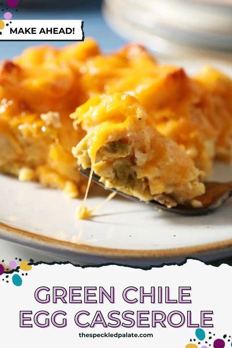 This overnight Egg Casserole with Green Chiles makes for a delicious breakfast! Calling for a handful of ingredients, including bread and roasted chopped green chile peppers, this cheesy vegetarian breakfast is delicious for any occasion, including holidays. #EasyEntertaining #SpeckledPalate Green Chile Egg Casserole, Overnight Egg Casserole, Cheesy Breakfast Casserole, Breakfast Casserole With Bread, Breakfast Lasagna, Chile Peppers, Crockpot Casserole, Fruit Salad Easy, Egg Casserole Recipes