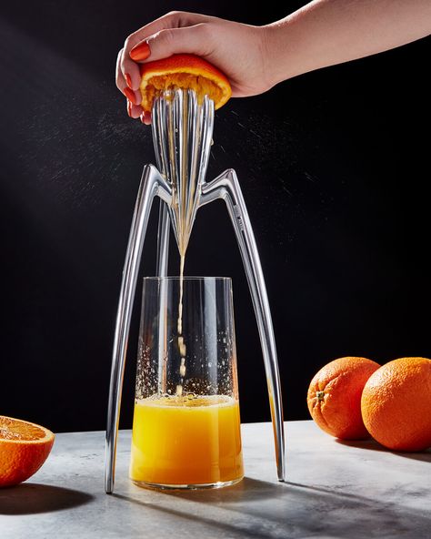 Alessi Juicy Salif | Jordano Studio LLC | www.jordanostudio.com | Chicago, Illinois #productphotography #productphotographer #drinkphotography #beveragephotographer #orangejuice #freshsqueezed #juice #citrus #citrussqueezer #advertisingphotography #advertisingphotographer #editorialphotographer #editorialphotography Citrus Squeezer, Aesthetic Kitchen, Photographer Advertising, Mood Board Design, Philippe Starck, Chicago Illinois, Objects Design, Juicer, Life Photography