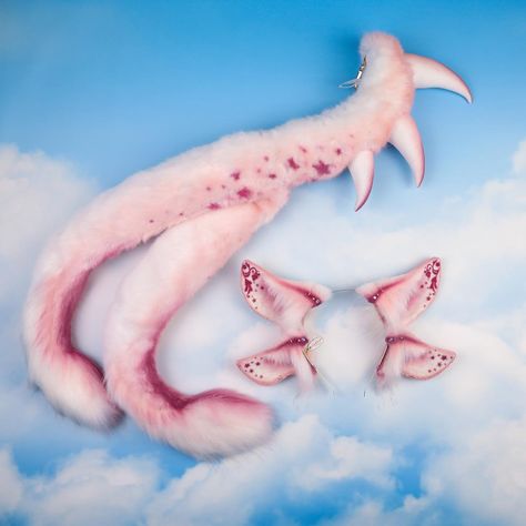 Wolf Ears And Tail, Ears And Tail Set, Faux Fur Ears, Pink Alien, Dragon Base, Animal Tails, Ears And Tail, Wolf Ears, Sky Pink