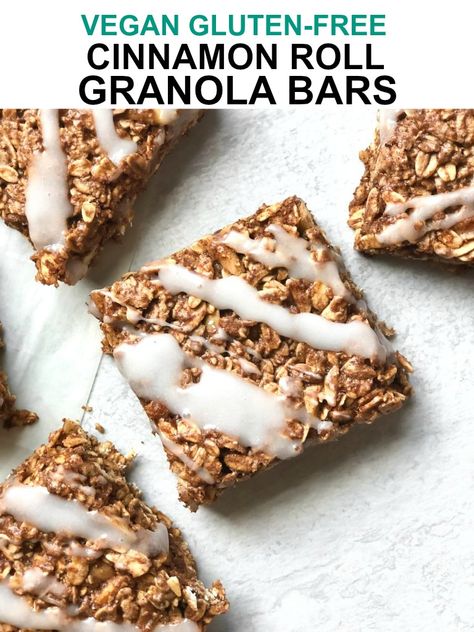 Cinnamon Roll Breakfast Granola Bars. So rich and FULL of cinnamon flavor, sweet like a cinnamon roll, but so much healthier to eat! Just 8 easy ingredients and 30 mins to bake! Vegan, gluten-free and oil-free! #cinnamon #vegan #granola #bars Cinnamon Roll Bars Recipe, Breakfast Granola Bars, Cinnamon Roll Granola, Cinnamon Roll Bars, Gf Pastries, Cinnamon Garden, Cinnamon Roll Breakfast, Optivia Recipes, Granola Bar Recipe Healthy