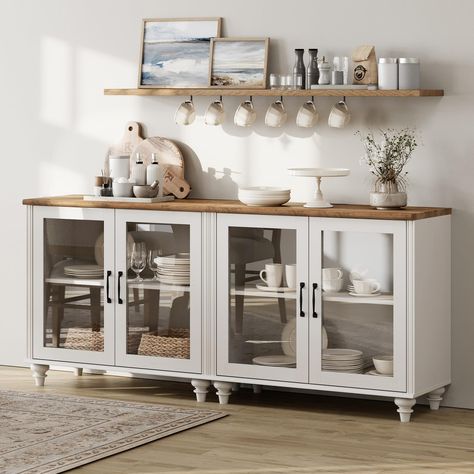 PRICES MAY VARY. 【2-in-1 Multipurpose Sideboard】The 2-in-1 large buffet table can be used separately as two glass cabinets. In addition to kitchen buffet cabinet, it can be placed in the living room as an entertainment center or in the entryway as a console table. Overall Dimension: 33.9"×15.7"×30.9"(L×W×H). They are sent separately in two packages, so you may receive them at different times. 【Elegant & Stylish Appearance】Featuring off white distressed wood surface and mid century style, the kit How To Style A Buffet Cabinet, Coffee Bar Tables, Buffet Cabinet Modern, Farmhouse Buffet Table, Doors For Kitchen, Modern Farmhouse Sideboard, Kitchen Buffet Cabinet, Sideboard Decor, Dining Room Cabinet