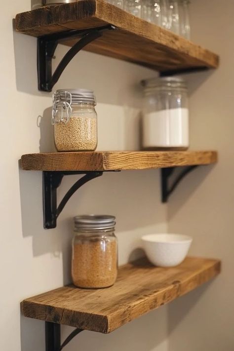 "Elevate your decor with DIY Reclaimed Wood Shelves! 🛠️📚 Perfect for those who love a blend of rustic charm and practicality. 🌟✨ #DIYInspiration #RusticFurniture #ShelvingIdeas" Open Shelving In The Kitchen Diy, Diy Rustic Shelves, Diy Wood Shelf, Diy Reclaimed Wood, Diy Shelf, Diy Wood Shelves, Simple Kitchen Design, Reclaimed Wood Shelves, Diy Wall Shelves