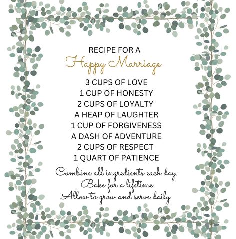 Cute Recipe for a Happy Marriage would make a perfect addition to any couples kitchen. It could be printed and framed or put on a tea towel or mug. Cute Marriage Quotes, Recipe For A Happy Marriage, Marriage Quotes, Happy Marriage, Tea Towel, Digital Download Etsy, Put On, Etsy Listing, Printed Items