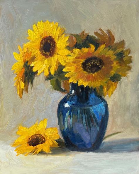 Oil Painting For Beginners Flowers, Happy Oil Painting, Flower And Vase Painting, Sunflower Painting Acrylic, Drawing Sunflowers, Flower Vase Painting, Heather Martin, Paint Realistic, Beautiful Floral Arrangements