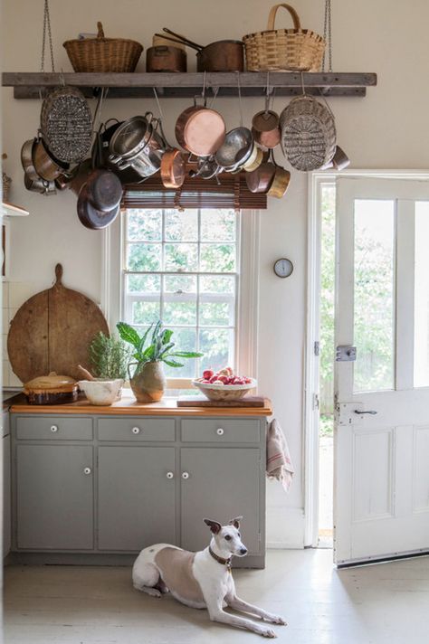 ... Reclaimed Wood Kitchen Countertops, Pots And Pans Hanging Rack, Pan Hanging Rack, Caribbean Cottage, Hanging Pots And Pans, Airbnb Cottage, Castle Leoch, Koti Diy, Kitchen Country