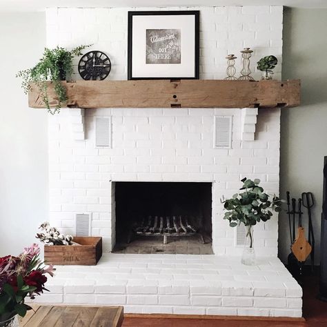 “It only took a few years to convince /timbfair/ to paint our fireplace brick white, haha! Couldn't be more in love with how it turned out and how bright it…” White Painted Fireplace, Brick Fireplace Mantles, Design Camino, White Brick Fireplace, Fireplace Redo, Painted Brick Fireplaces, Brick Fireplace Makeover, Paint Fireplace, Farmhouse Fireplace