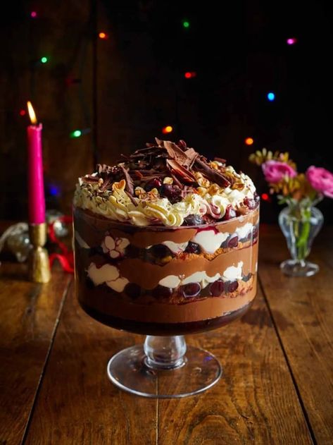 Black Forest trifle | Jamie Oliver Christmas recipes Black Forest Truffle, Black Forrest Trifle, Christmas Trifle Desserts, Jamie Oliver Christmas Recipes, Best Trifle Recipes, Pistachio Milk Cake, Trifle Ideas, Christmas Tiramisu, Black Forest Trifle Recipe