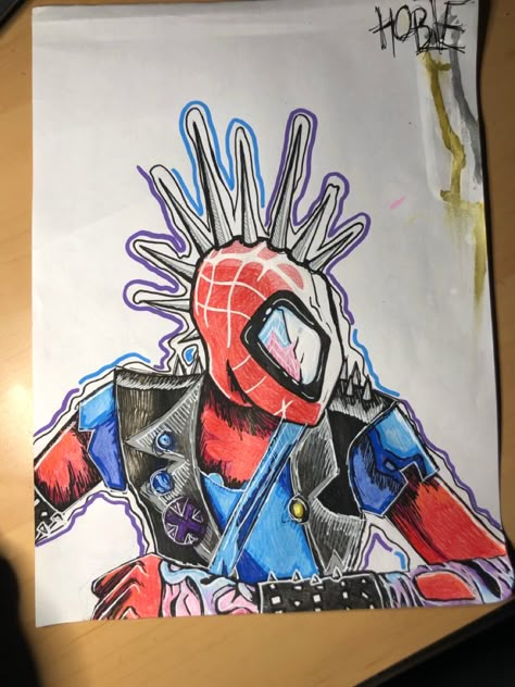 Spider Verse Drawing Pencil, Rockstar Spiderman, Spiderpunk Painting, Spiderman Punk Drawing, Spiderpunk Sketch, Spider Punk Sketch, Spiderpunk Drawing, Spider Punk Drawing, Spider Punk