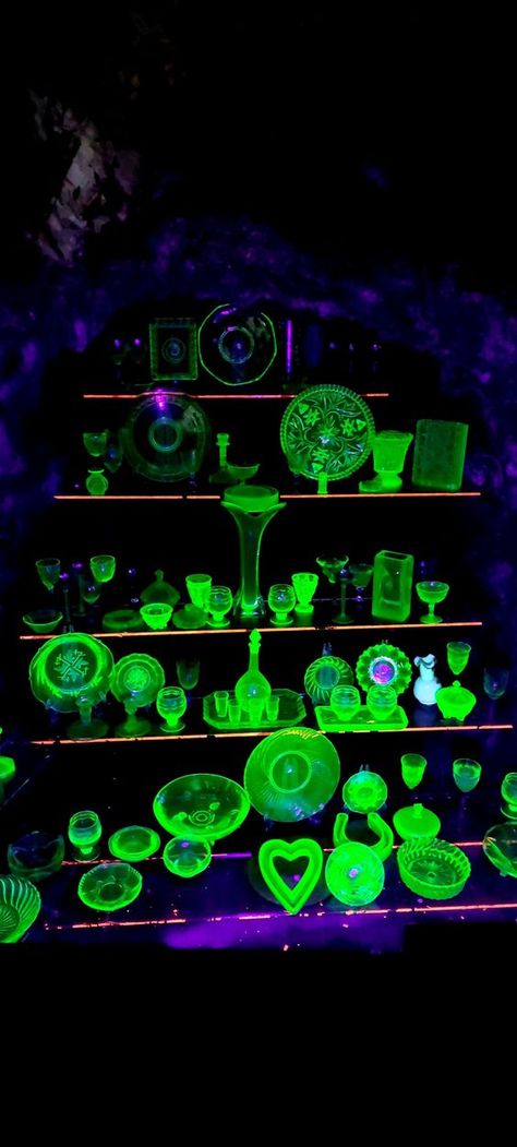 Uranium Glass Vintage, Radiation Poisoning, Glassware Display, Arcade Carpet, Jungian Archetypes, The Chemist, Vintage Glassware Antiques, Spaceship Interior, Toxic Waste