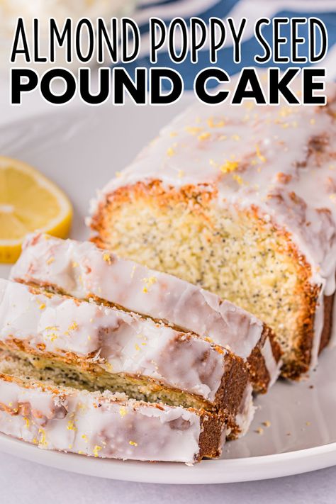 Almond Poppy Seed Pound Cake is a yummy treat that's super easy to make. Top it with lemon glaze, for a bright burst of flavor you'll love! #BreadBoozeBacon #almond #poppyseed #poundcake #cake #lemon #glaze #creamcheese #dessert #spring #easter #mothersday Almond Poppyseed Cake, Almond Poppy Seed Cake, Poppy Seed Pound Cake, Almond Poppyseed, Dessert Spring, Bread Booze Bacon, Dessert Sandwich, Almond Pound Cakes, Lemon Poppyseed Cake