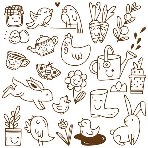 Set of spring related object in kawaii doodle style Vector | Premium Download Spring Related Drawings, Drawing Spring Ideas, Spring Doodle Art, Spring Doodles Bullet Journal, Cute Spring Doodles, Simple Spring Drawings, Easy Spring Doodles, Spring Doodles Simple, Spring Drawings Ideas