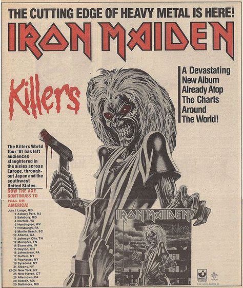 Killers (1981) Iron Maiden Posters, Iron Maiden Eddie, Rock Band Posters, Music Poster Design, Rock Posters, Mötley Crüe, Vintage Poster Art, Gig Posters, Band Posters